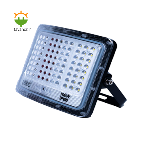 نمای زاویه‌دار پروژکتور خورشیدی ۱۰۰ وات لوئیس SL-50201 با چراغ‌های LED و پایه نصب