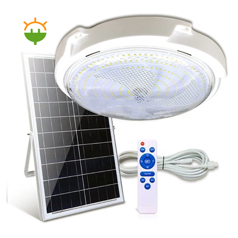 چراغ سقفی خورشیدی ۱۰۰ وات پنل جدا با ریموت کنترل، کابل اتصال و چراغ LED گرد سفید