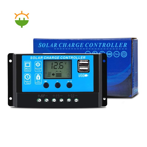 کنترل شارژ خورشیدی ۱۰ آمپر مدل GC1024 با نمایشگر LCD، دو پورت USB و جعبه محصول