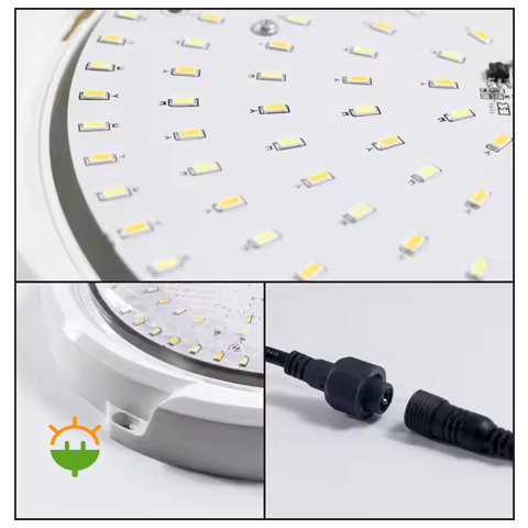 نمای نزدیک تراشههای LED، بدنه و سوکت اتصال کابل پنل چراغ سقفی خورشیدی ۱۰۰ وات